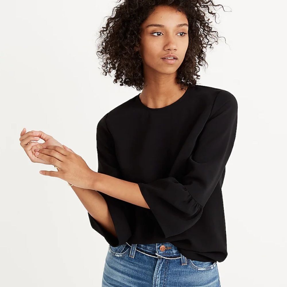 MADEWELL Black Bell-Sleeve Top 3/4 Sleeve Keyhole Back S